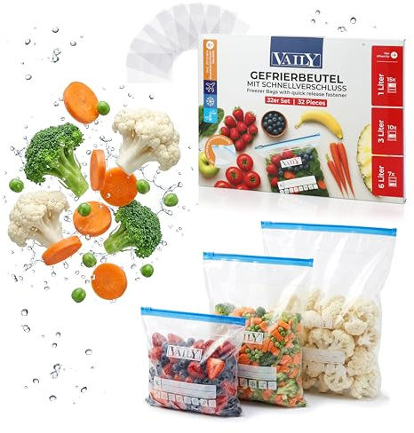 Vaily Zip Sacchetti Freezer 32 pezzi - 1L, 3L, 6L Sacchetti per la conservazione degli alimenti con chiusura a sigillo - Grande set per la conservazione e il congelamento degli alimenti