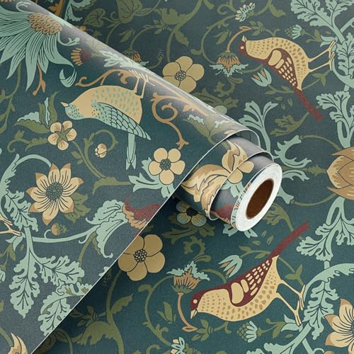 WESTICK Dark Green Floral Contact Paper Peel and Stick William Morris Wallpaper Boho Bird Vintage Wallpaper Self Adhesive Art Nouveau Botanical Wall Paper for Bedroom Living Room Cabinets 17.5x102