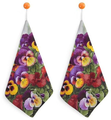 GHENBLT Pansy Perfection 2PCS Kitchen Hand Towel Super Absorbent Microfiber Cleaning Cloth Fast Drying Tea Towels with Hanging Loop Soft Dish Towels for Kitchen Dish Rags Decorative Set