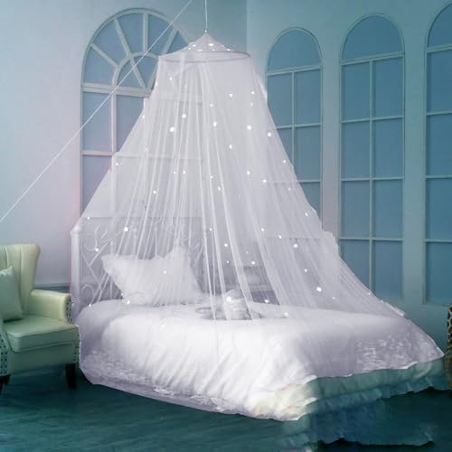 Moskitonetz zum Aufhängen, rund, Prinzessinnen-Bett-Baldachin, weiß, staubdicht, feines Netz, Moskitonetze mit im Dunkeln leuchtenden Sternen (Weiß, 60 x 250 x 850 cm)