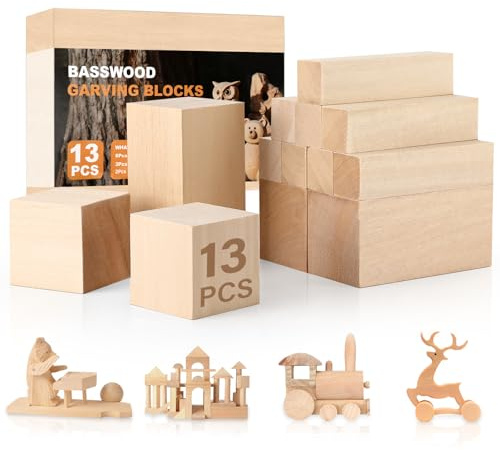 Zikenis 13 Piezas Madera para Tallar Tilo, 3 Tamaños Bloques de Tallado | de Madera de Tilo, para Tallado a Mano DIY y Torneado, Listones de Maderas para Niños y Adultos