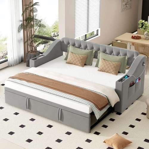 Dolamaní Ausziehbett Gleiche Höhe 90/180x190 cm, Polsterbett Ausziehbar zum Doppelbett mit USB-Ladeanschluss und Lattenrost, Samtstoff (Grau)