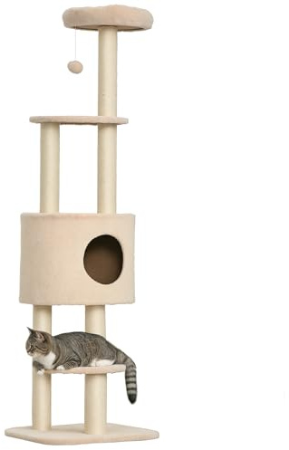 PawHut Árbol Rascador para Gatos Altura 148 cm con Postes de Sisal 3 Plataformas Casita y Bola Colgante Beige