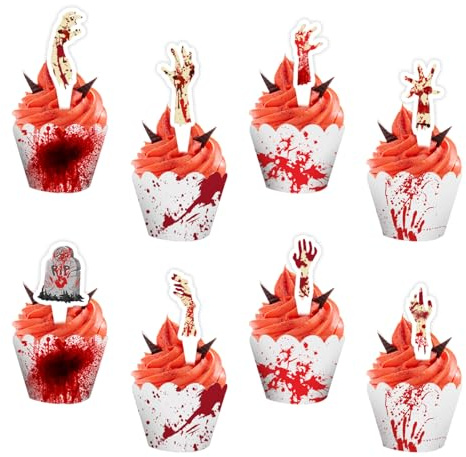 Halloween-Horror-Cupcake-Topper, Zombie-Hand, Grabstein, Horror-Themen-Cupcake-Dekorationen für Halloween-Party, Zombie-Themenparty, Horror-Themen-Geburtstagsdekorationen, 48 Stück