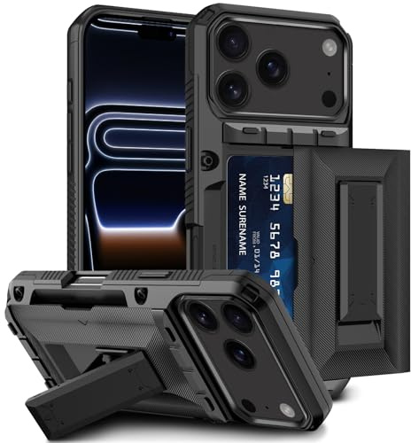Aolcev for iPhone 17 Pro Case with Card Holder [4 Cards] Stand Black | Heavy Duty Shockproof Protection,Dual Layer,Hard PC Soft TPU Bumper Card Slot Wallet Cases for iPhone 17 Pro Phone Case