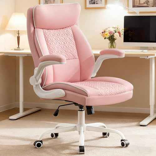 Hellove Chefsessel Bürostuhl 185 kg, Ergonomischer Schreibtischstuhl aus PU-Leder mit Kopfstütze, klappbaren Armlehnen, höhenverstellbar, Wippfunktion, 360° drehbar, Home Office, Rosa