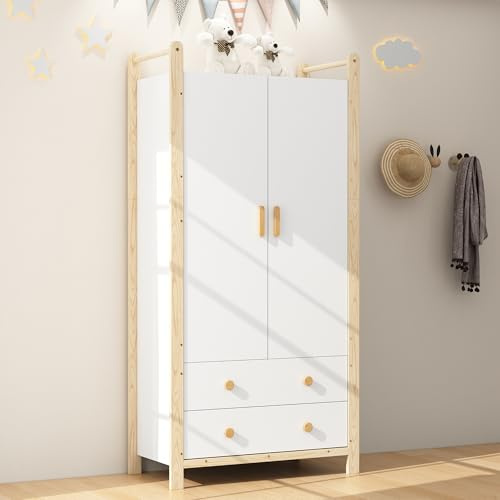 Moimhear Armadio a 2 ante, 90 × 45 × 180,5 cm, armadio con asta, 2 cassetti, per camera da letto, soggiorno, truciolato (colore bianco+legno)