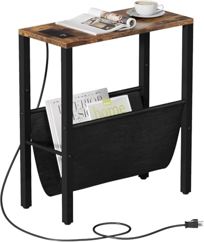 Vagusicc Narrow Side Table with Charging Station, Skinny Nightstand with USB Ports & Outlet, Slim Sofa Side Table with Storage Bag, Small End Table for Small Spaces, Living Room, Bedroom, Rustic Brown