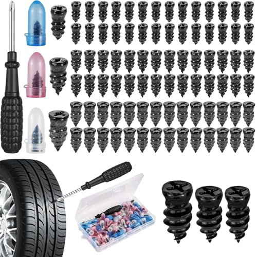 84PCS Tyre Repair Screws 3 Sizes Car Tyre Plugs with Screwdriver, Tubeless Tyre Puncture Repair Kit for Car, Truck, SUV, Motorcycle Tractor Tires, Quick Emergency Puncture Repairing, Box Packing