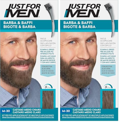 Just For Men Tinte Bigote Y Barba, Elimina Las Canas Para Una Apariencia Más Espesa Y Completa, Con Pincel Aplicador Incluido, Color Castaño Claro Medio, M30 (Paquete de 2)