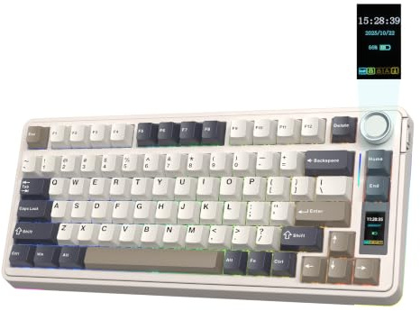 EPOMAKER X Aula EA75 MAX Tastiera Wireless da Gioco con Schermo & Manopola | 5000mAh, Hot-Swap, Switch Lubrificati, Retroilluminazione RGB, Gasket, Tastiera Meccanica 75% (Bianco Vintage, Silent Switch)