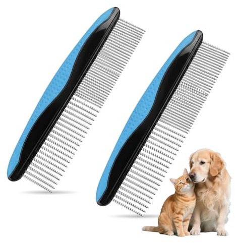 Dog Comb and Cat Comb for Grooming - 2 PCS Metal Dog Comb with Stainless Steel Teeth and Rubber Non-Slip Handle - Dematting Comb for Dogs and Cats to Remove Matted Hair, Knots and Tangles (Blue)