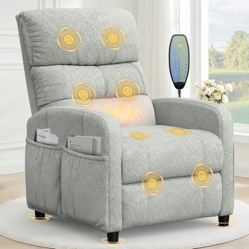 YONISEE Sillón Relax Reclinable Manual con Masaje y Calefacción, 4 Bolsillos Laterales, Sillones para el Salón Acolchado con Reposapiernas Ajustable y Funciones de Reclinación