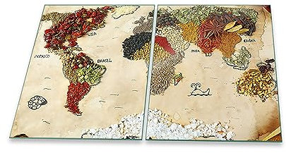 Herdabdeckplatte Abdeckung Ceranfeld Abdeckplatte Schneidebrett 2-Teilig 80x52 Weltkarte Gewürze Mehrfarbig Spritzschutz Glasplatte Ceranfeldabdeckung Sicherheitsglas Glasschneidebrett 2x40x52