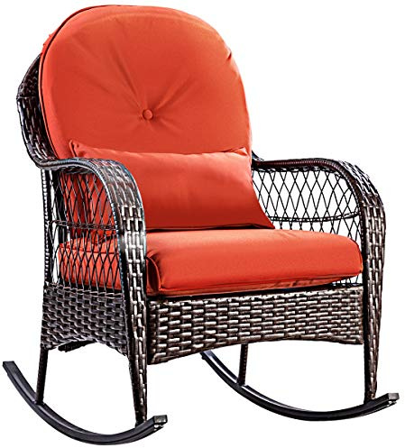 COSTWAY Wicker Rattan Rocking Armchair, Relax Outdoor Lounge Chair with Lumbar Pillow & Cushion, Patio Rocking Seat for Porch Lawn Deck (Red, 84x59x95cm)