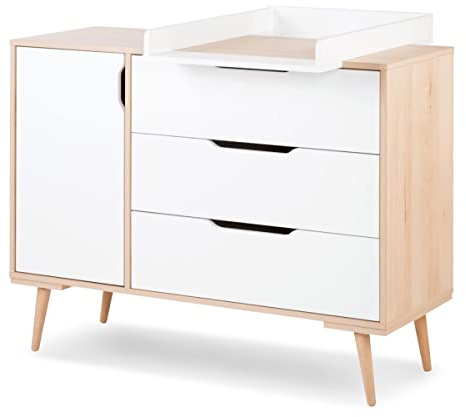 SOFIE Commode à langer à tiroirs et étagères style scandinave Blanc / Bois