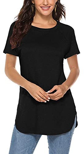 Newchoice Long Tops to wear with Leggings Short Sleeve Raglan Loose Tunic Tshirts (XL,Black)