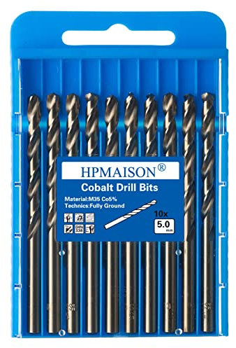 HPMAISON 10 Stück M35 HSS Cobalt Bohrer Kobalt Jobber Bohrer Set Spiralbohrer zum Bohren auf Edelstahl, Harte Stähle, Metall (5mm x 86mm)