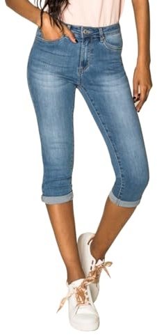 Nina Carter P132 Vaquero Capri Skinny Fit para Mujer Pantalón Capri de Corte Alto con Efecto Desgastado y Lavado, M