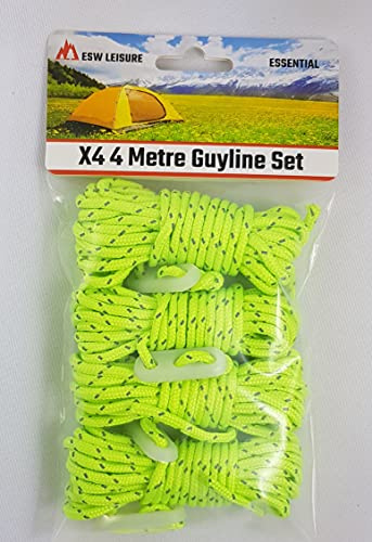 ESW LEISURE Guyline - Paquete de 4 cuerdas para tiendas de campaña, toldo, camping, cuerda de paracaídas fuerte y ligera con tensor, líneas de tensor, pesca, caravana, cenador (fluorescente
