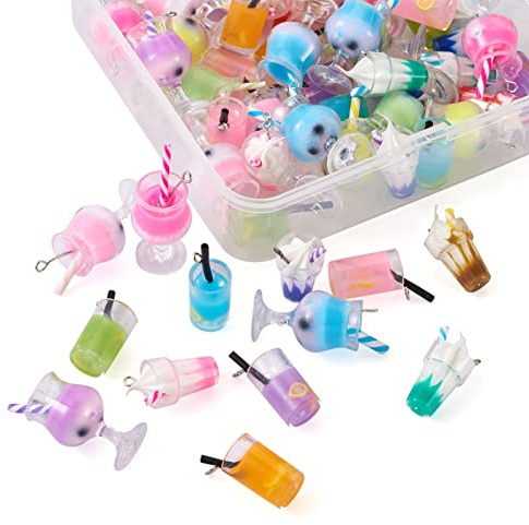 Cheriswelry Bubble Tea Anhänger-Set, klare Glasflasche, Miniatur-Charms, Fruchtsaft für DIY, Schlüsselanhänger, Ohrringe, Schmuckherstellung