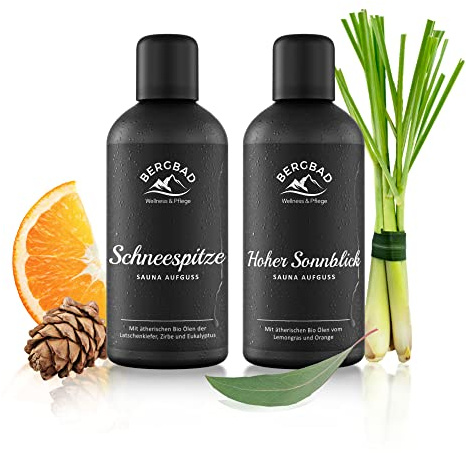 BERGBAD 2 x 100ml PURE FRESH Set BIO Saunaaufguss Zirbe + Latschenkiefer + Eukalyptus und Lmongras + Orange - wohltuendes, erfrischendes Sauna-Aufgussmittel mit Bio-Alkohol, Wasser und 100% BIO Ölen