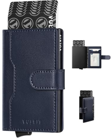 VULKIT Kortplånbok Popup-kort för Män Kreditkortshållare Herr RFID Blockering med 3 Läderkortplatser och 1 ID-fönster Smal Metall Kortshållare med Magnetisk Stängd, Marinblå