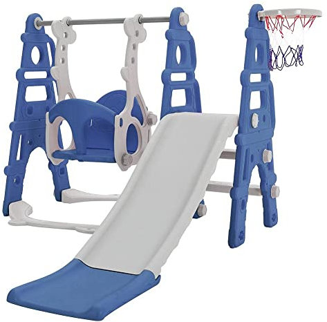 FUKEA Kids Slide, Large 4 in 1 Toddler Slide, Climber & Swing Set with Basketball Hoop, Garden Climbing Frames, Slide for Children Age 1-3 Indoor & Outdoor, for Kids (Blue)