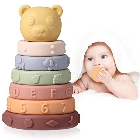 Oderra Jouet Tour Souple Empilable Bebe 6 Mois Sensoriel Eveil, Montessori Souple Jouet Dentition Bébé Bain bébé Jouets D'éveil, Jeux Educatif Garçon Fille
