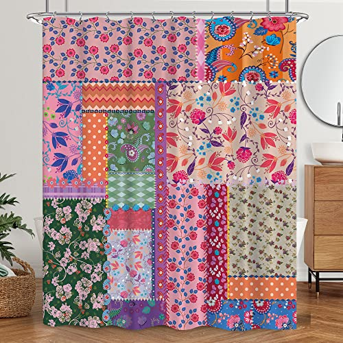 Laifzere Patchwork Boho Floral Shower Curtain Rustic Flower Bathroom Set Farmhouse Bohemian Country Retro Spring Fabric Waterproof Shower Curtain for Bathtub 60x72 Inch with Hooks