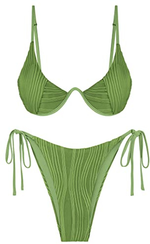 ZAFUL Sexy 2 Piece Swimsuit for Women Solid String Bikini Sets Underwire Push Up Side Self Tie Tong Green L