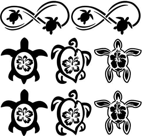 GORGECRAFT 8 Sheet Hibiskus och Sida Sköldpadda Bil Dekal Svart Laser Reflekterande Bil Klistermärke Vattentät Vinyl Automotive Utomhus Dekoration Blomma Sköldpadda Skal Klistermärken