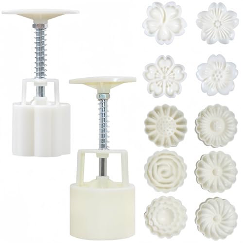 Accfore 2 stampi per torta lunare, 50 g, stampi per torte con stampa a mano, stampi per fiori stampati a mano, con 10 timbri (A)