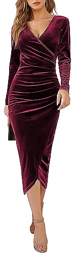 Yutdeng Womens Wrap V-Neck Dress Velvet Elegant Long Sleeve Mermaid Cocktail Dress Evening Gowns Long Ruched Party Dresses for Slim Ladies Dinner Dance Fancy Party Ball,Wine Red,XL