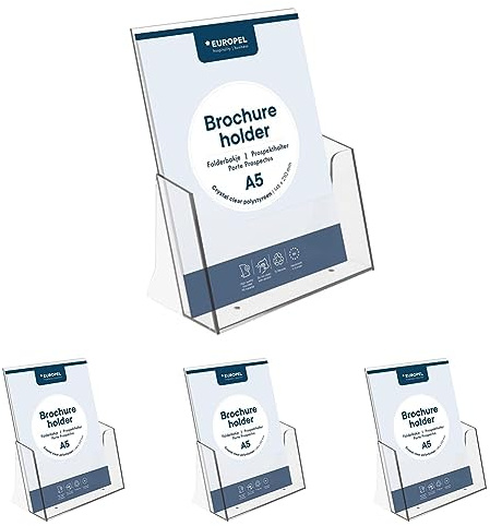 Europel Porte-brochure A5, Acrylique transparent, Présentoir, Distributeur, Dépliant, Menu, Bureau, Restaurant, Hôtel, Salon, Conférence (Lot de 4)