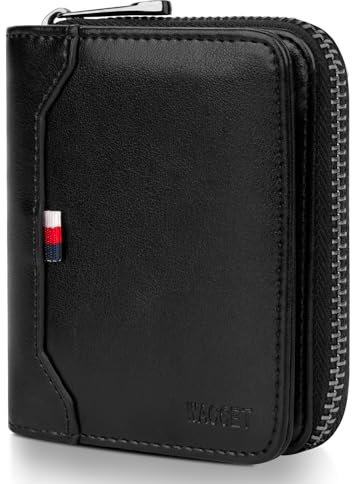 WACCET Portafoglio Uomo in Vera Pelle, Portafoglio Uomo Piccolo con Protezione RFID a 17 Scomparti per Carte, Grande Capacità Portafoglio Uomo Cerniera con Scatola Regalo.(Nero)