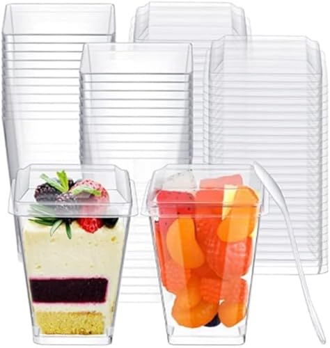 P PIPITA Modern 50Pack 5OZ Square Clear Dessert Cups with Lids and Spoons, Reusable Mini Dessert Bowls for Finger Food, Mousse, Pudding, Party Desserts