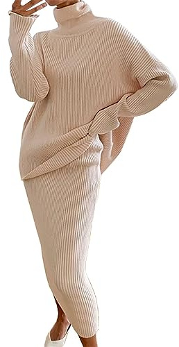 Robe en Tricot Femme 2 Pièces Ensembles Uni Manches Longues Pullover Haut et Jupe Tricoté Pull à Col Roulé Robe Tricotée Outfit Automne Et Hiver Midi Robe 2 pièces