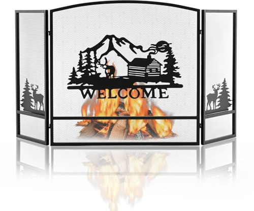 TANGZON 3 Panel Folding Fire Guard, Metal Fireplace Screen with Flexible Hinges, Natural Scenery & Moose Pattern, Spark Flame Barrier Fire Panels for Coal Firing Stoves Grills (Curved Top, 139 x 75cm)