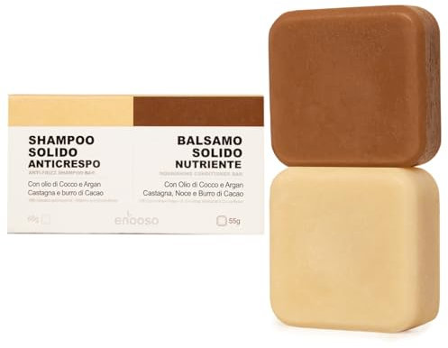 Set Shampoo e Balsamo solido per capelli Ricci e Crespi | Senza solfati siliconi parabeni | Bio Anticrespo e Nutriente con Olio di Argan e Cocco, Castagna e Cacao | 100% Naturale Vegano Made in Italy
