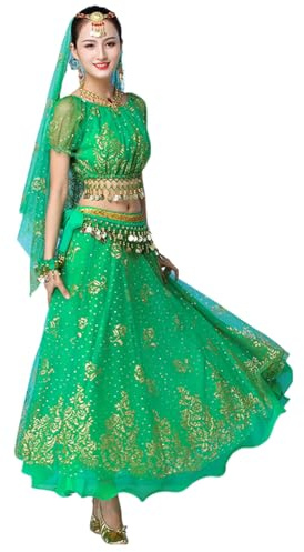 OTMYIGO Bauchtanz-Kostüm-Set für Damen, indischer Tanz, Bollywood-arabischer Tanz, Performance-Outfits Anzug,Grün,5piece Set