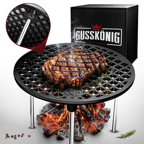 GUSSKÖNIG Gusseisen Grillrost (Gusskönig Grilling Grate) mit Beinen Ø30 cm - Grillrost Kohle - Grillrost Dreibein Gusseisen Dutch Oven Untersetzer - Feuerrost Grill Zubehör
