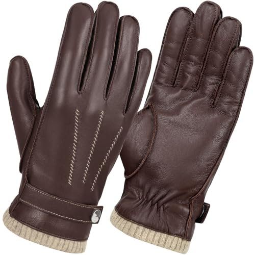 GSG SINCE 1998 Chromfrei Lederhandschuhe Herren Winter-Fahrhandschuhe mit warmer Wollfütterung Touchscreen Schaffellhandschuhe Braun M