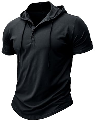 MakingDa Atlético Manga Corta Sudadera con Capucha Hombres Entrenamiento Gimnasio Suéter Camisa con Capucha Botón Ajustado al Cuerpo Verano Ligero Senderismo Sudaderas Deportivas Camiseta Negro XL