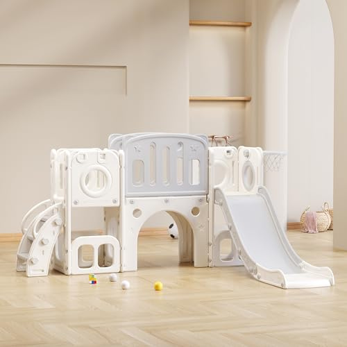 BTM 6 en 1 Toboggan pour Enfants avec 2 Plates-Formes, 2 Compartiments de Rangement, Panier de Basket et Escalier - Indoor & Outdoor