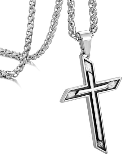 murtoo Kette Herren, Halskette mit Kreuz Anhänger für Männer, Silber Vintage-Silber aus Edelstahl, Kreuzkette für Herren Damen, Tolles Geschenkideen