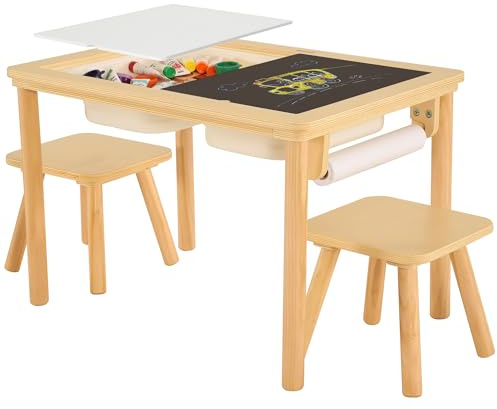 Bateso Multifunktionaler Sensoriktisch mit 2 Stühlen, Papierrolle, doppelseitiger Tafel und klappbaren Aufbewahrungsbehältern für Kinder, ideal für Sand- und Wassertische im Innen- und Außenbereich