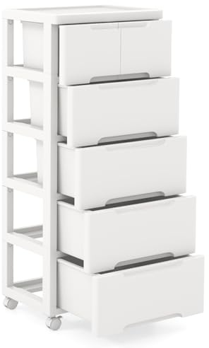 CASART Chest of Drawers, 4/5/6 Tiers Mobile Storage Dresser Cabinet Tower Unit with Wheels, Plastic Storage Chest Utility Storage Drawers for Bedroom Living Room Kitchen Bathroom (5-Tier)