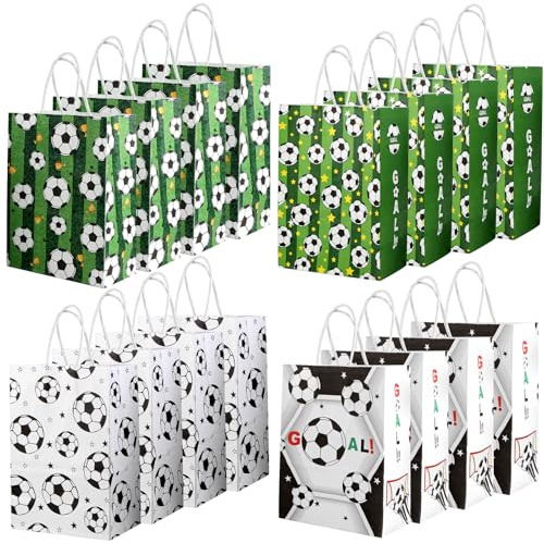 16 Stück Fußball Papiertüten mit Henkel, Fussball Geschenktüten Kindergeburtstag, Fußball Geburtstagstüten Mitgebsel Kinder, Fußball Mitgebsel Tüten Jungen für Weihnachten Halloween Geburtstag Party