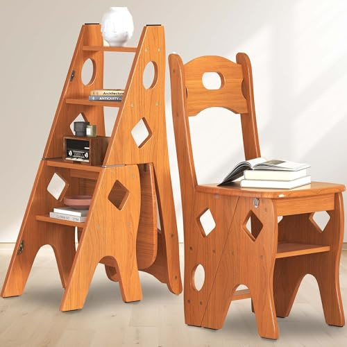 ybaymy Chaise escabeau pliable à 4 niveaux, tabouret escabeau portable léger 3 en 1, support de présentation, marches de bibliothèque, étagère pour plantes pour rangement et décoration